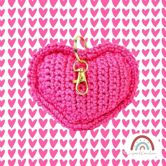 New! Handmade Crochet Vibrant Hot Pink Heart Keychain Bag Charm - Picture 1 of 9